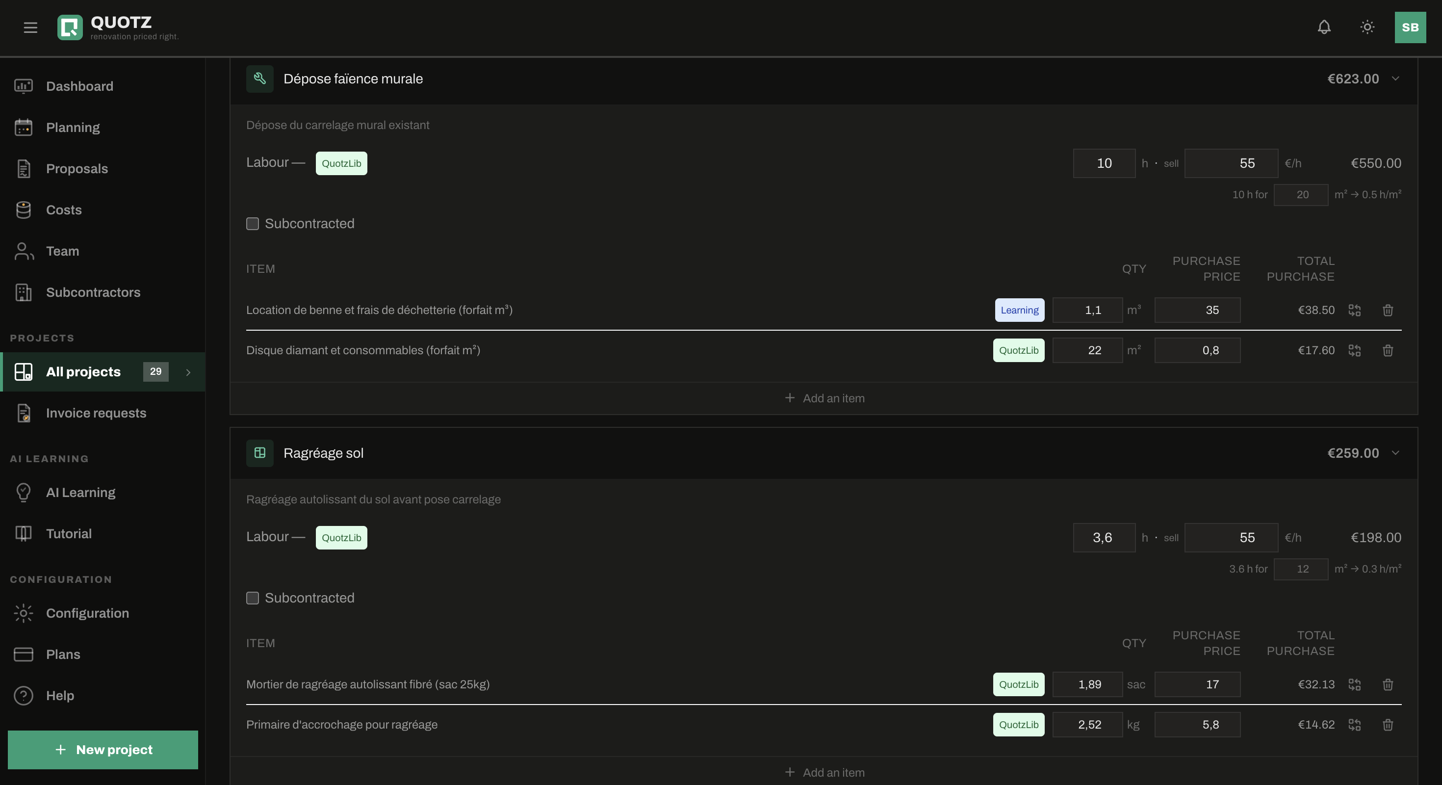 Quotz cost breakdown — labour and materials per task, tagged QuotzLib catalogue or Learning
