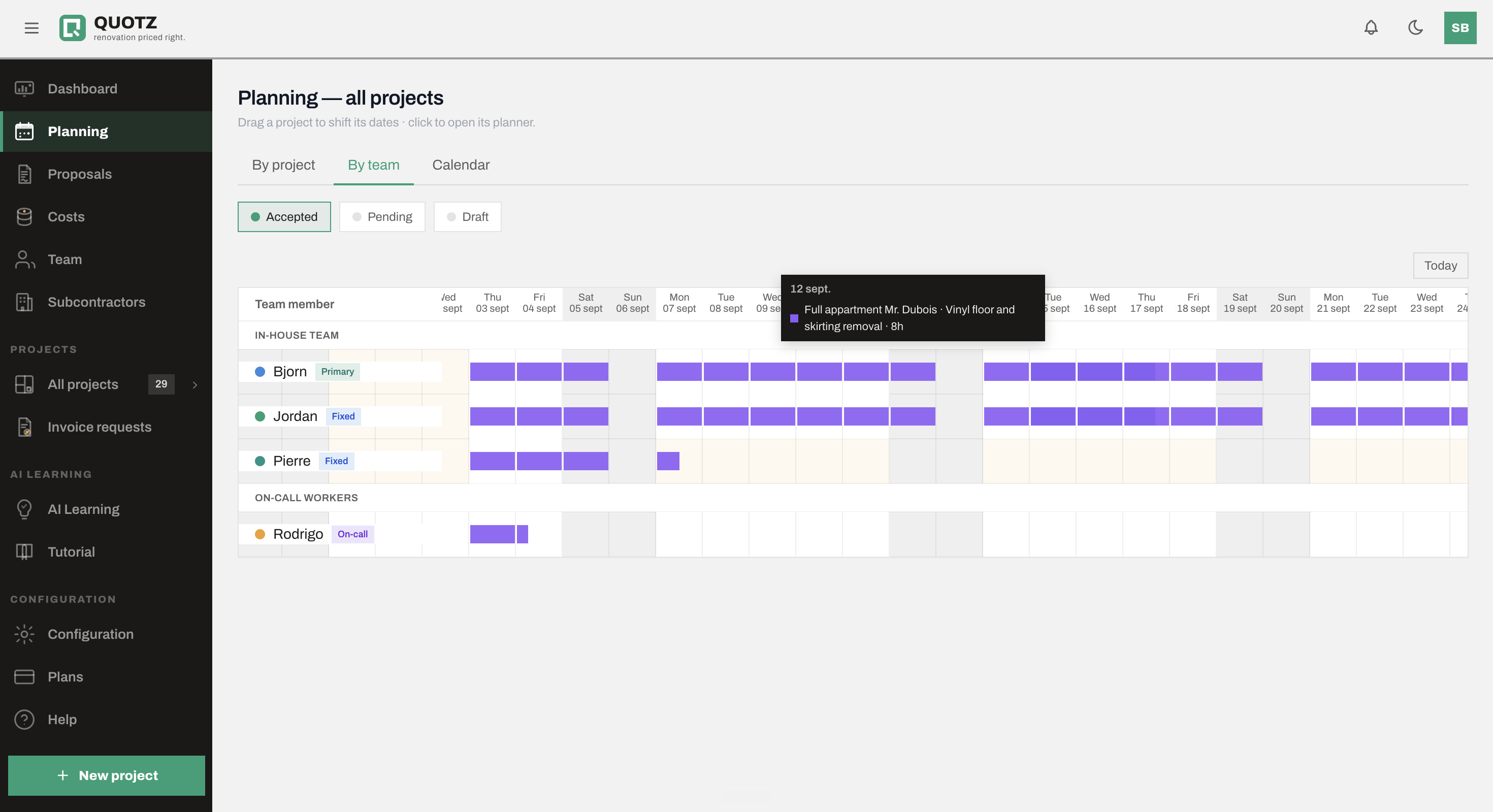 Quotz AI planning — crew assigned by role: primary, fixed and on-call workers