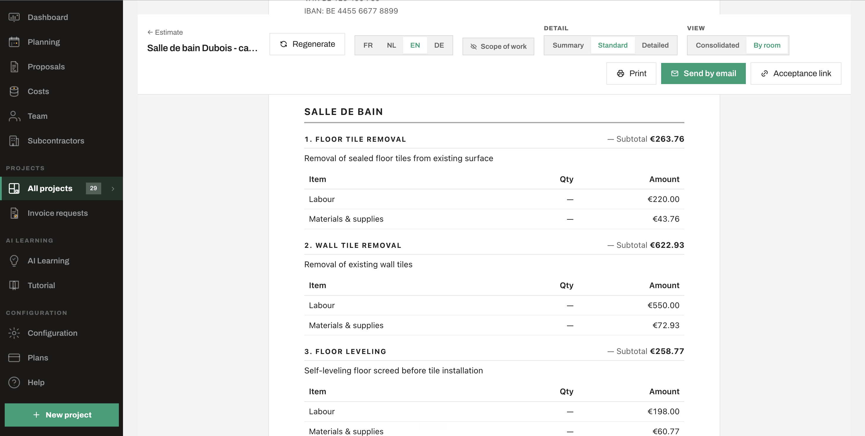 Quotz client proposal — itemised scope of work by room, with an AI-written intro