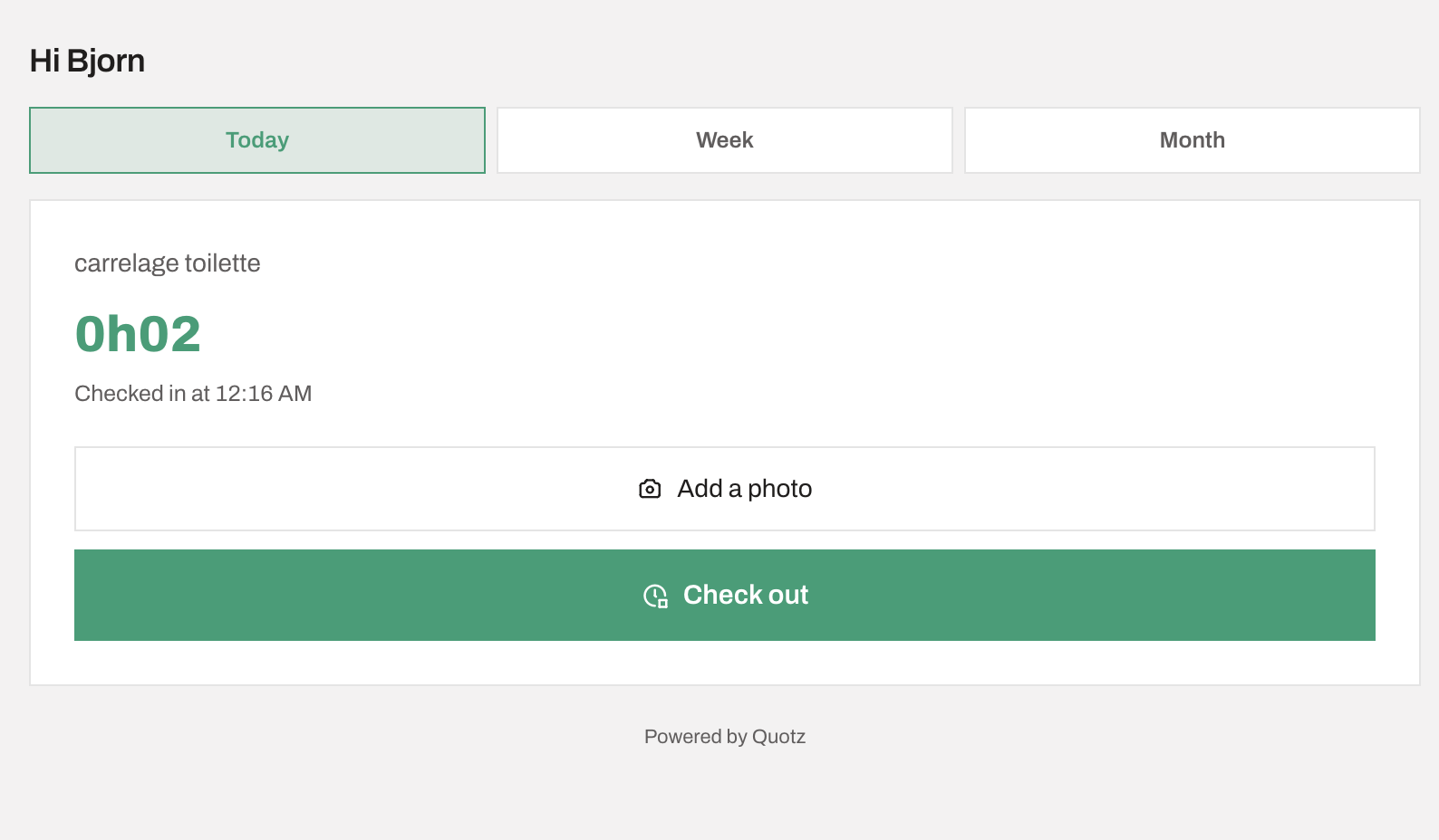 Quotz worker portal — check-in, task timer and photo upload, no login required
